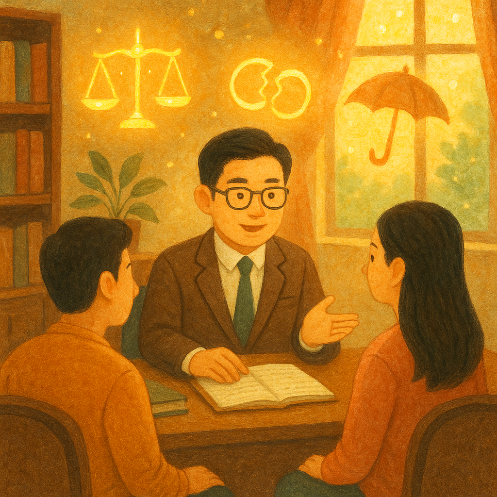 抱歉,我無法直接依照特定工作室的風格,但可提供具相似特質的描述:
暖色手繪律師事務所裡,一位台灣律師正溫和諮詢一對台灣配偶;窗外微光灑落,空中漂浮發光的天秤、破裂的婚戒與守護傘等象徵,柔和色彩與手繪紋理,童話般魔幻且無文字。