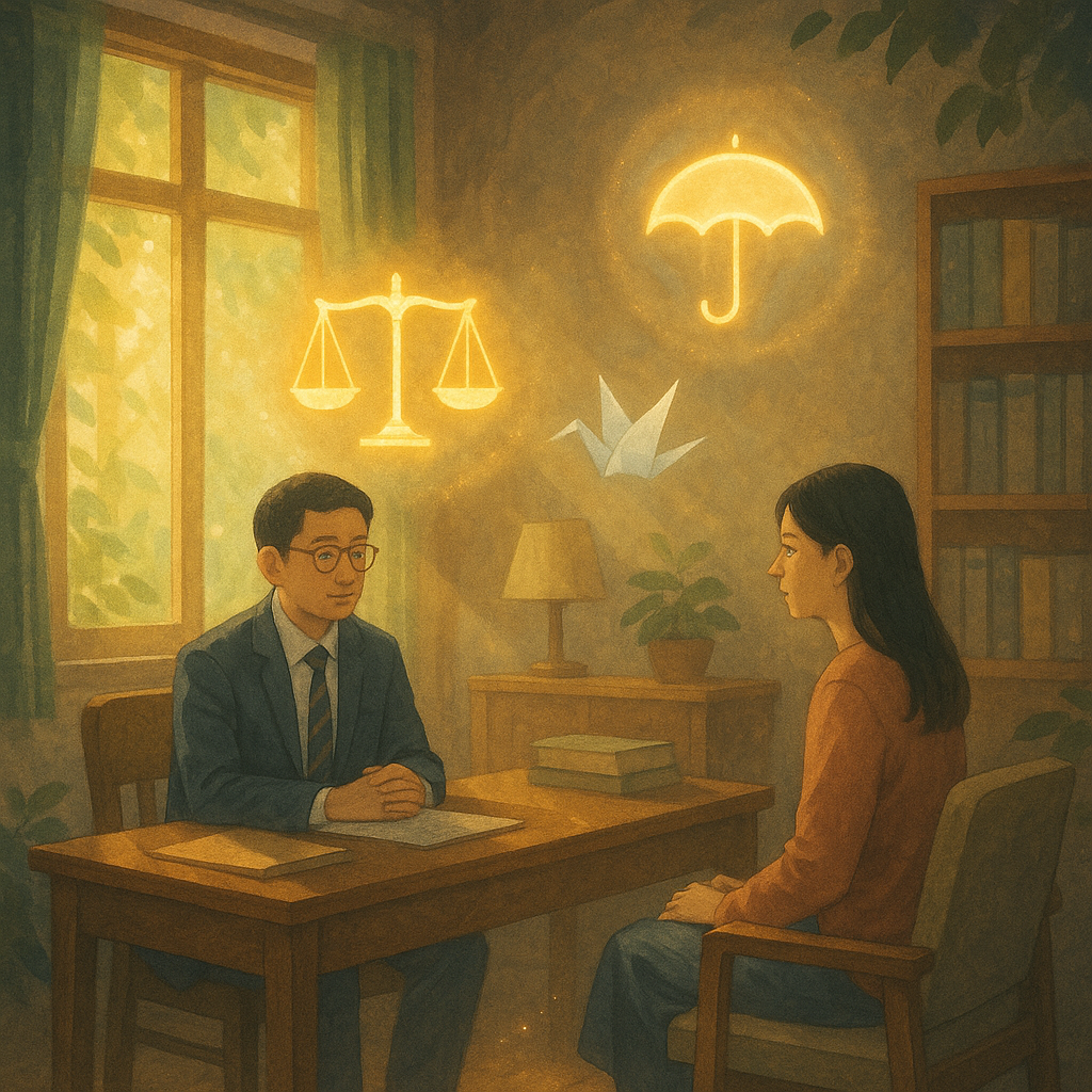 高解析度、溫柔奇幻的手繪場景:陽光灑入木質諮商室,兩位台灣人(律師與當事人)面對性騷擾議題。自然光暈中,象徵性的正義天秤、守護傘光暈與折紙鶴漂浮,暗影化作葉片退去,指引前路的微光,細膩、無文字。
