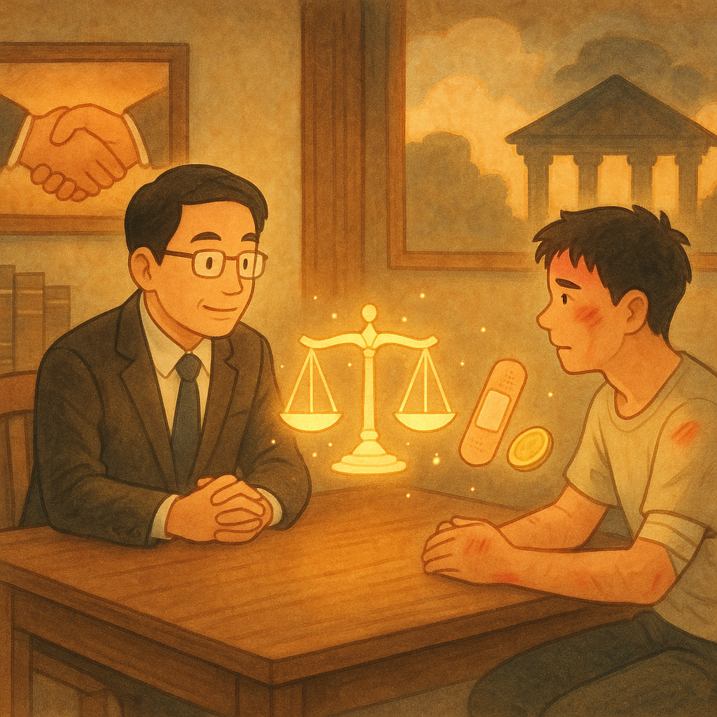 吉卜力風柔光中,台灣律師與受傷民眾在木質事務所對談,桌上漂浮發光天秤、創可貼與金幣。兩側浮現兩個案例場景對比:和解握手與法院剪影,手繪質感溫暖無字。