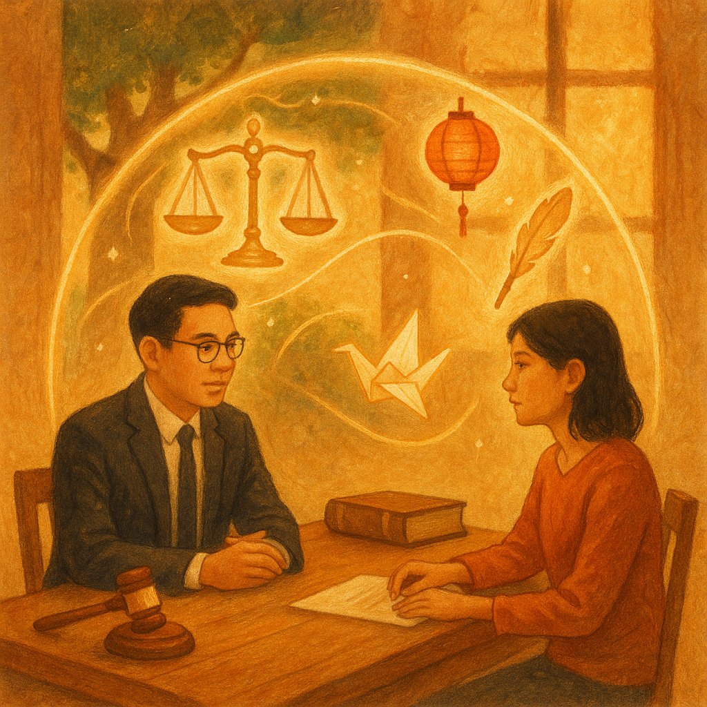 暖色手繪質感：台灣律師與當事人在木桌前沉穩對談，窗外自然光灑落。法院巨樹、發光天秤、法槌與羽毛筆化作漂浮符號，編織保護光罩；紙鶴與燈籠緩飛，象徵性暴力案件之案例研究與判決重點，畫面無文字。