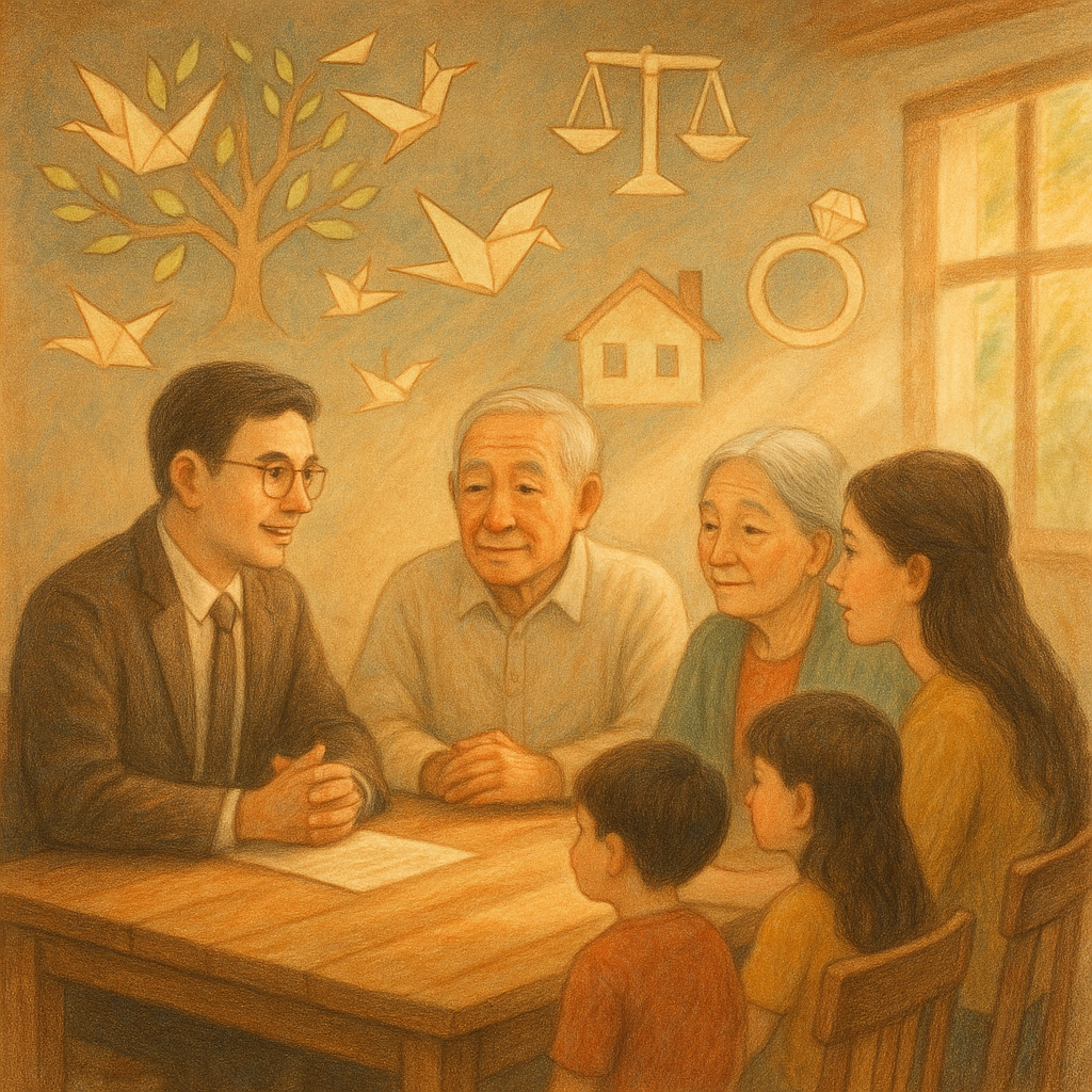 溫暖手繪風與柔和色彩:台灣律師與三代家族圍坐木桌諮詢繼承,陽光灑入,帶電影感;漂浮的紙鶴化作家譜樹、天秤、房屋與戒指圖像環繞,細膩質感、自然光影、無文字,寫實與奇幻交融。