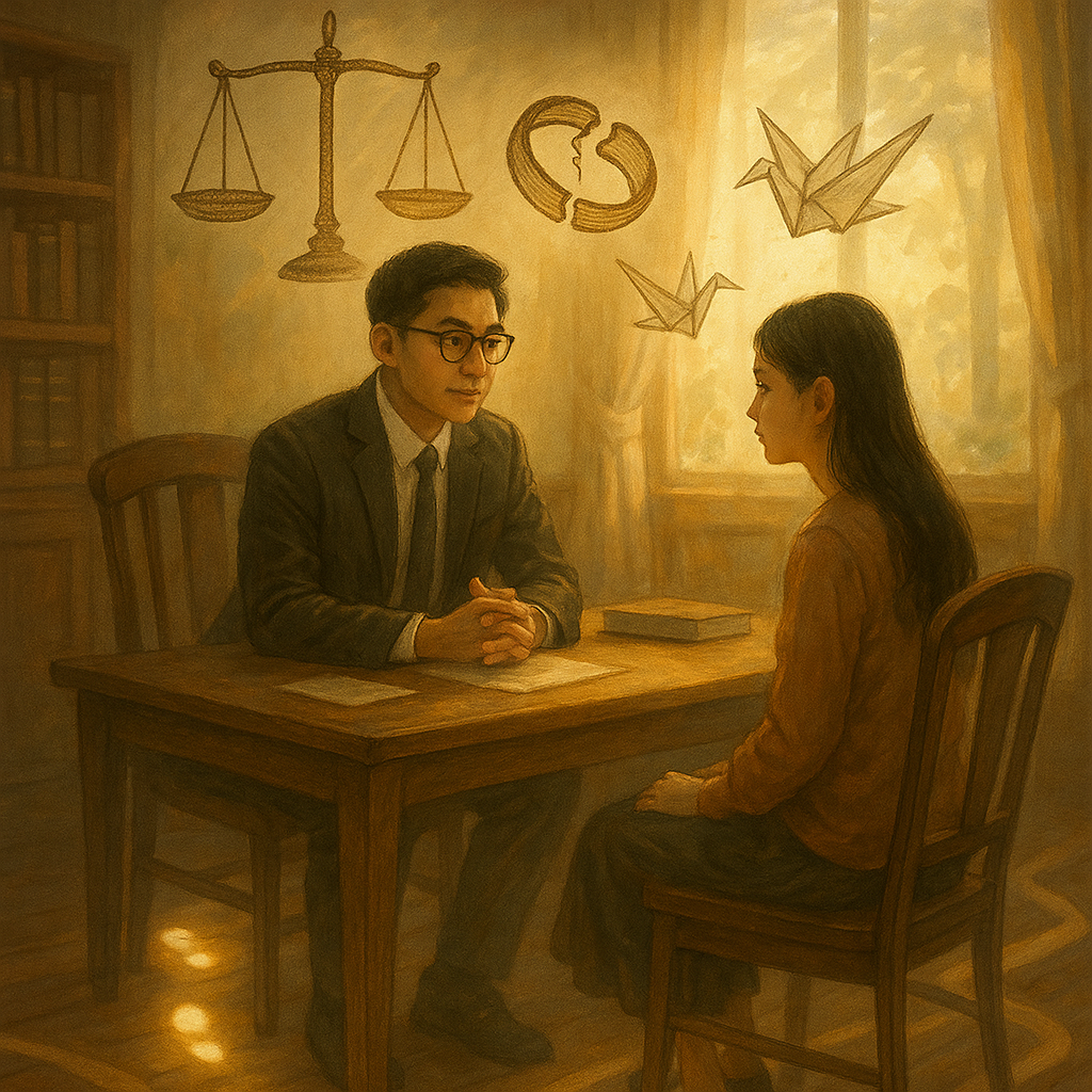 溫暖晨光下,台灣律師與當事人於木質事務所諮詢婚外情訴訟;手繪質感的天平、斷裂戒指與漂浮紙鶴環繞,柔和色調與自然光營造童話般魔幻氛圍、電影感構圖,地上發光腳印指向多條抉擇之路。