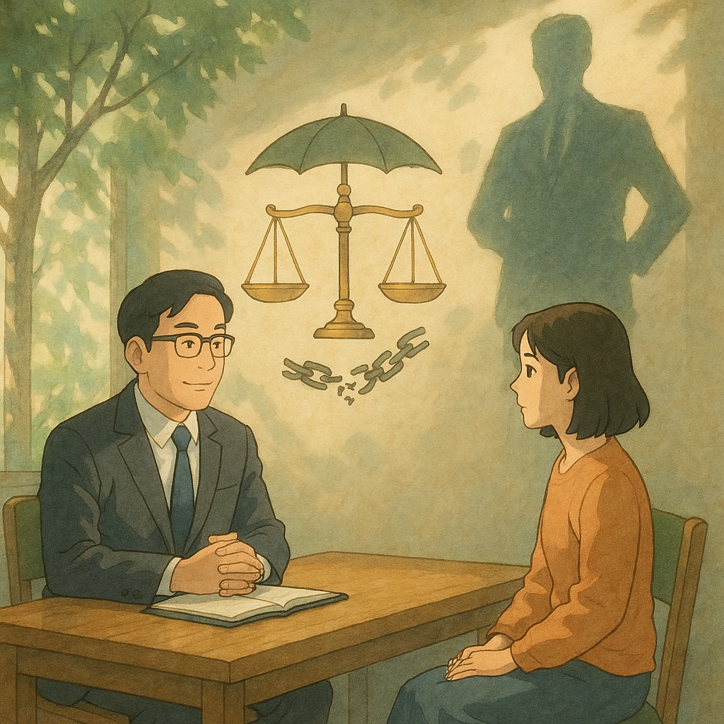 溫潤自然光下，成年台灣律師與當事人於樹影交織的諮詢室對坐；手繪質感的天秤與保護傘、破碎鎖鏈化作漂浮圖像，牆上投射高大權勢剪影，象徵權勢性交議題；色調柔和、無文字，吉卜力式魔幻寫實。