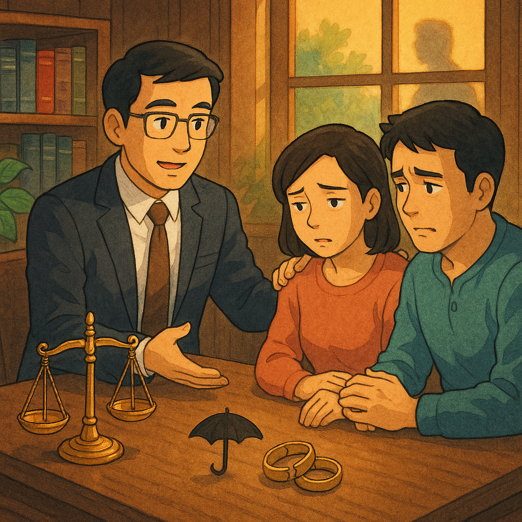 吉卜力風高解析插畫，手繪質感：台灣人律師在溫暖木質事務所，安撫一對台灣夫妻；窗外暖色柔光與綠意。窗影隱約第三者剪影。桌上天秤、微裂婚戒與保護傘象徵侵害配偶權與風險控管，無文字。