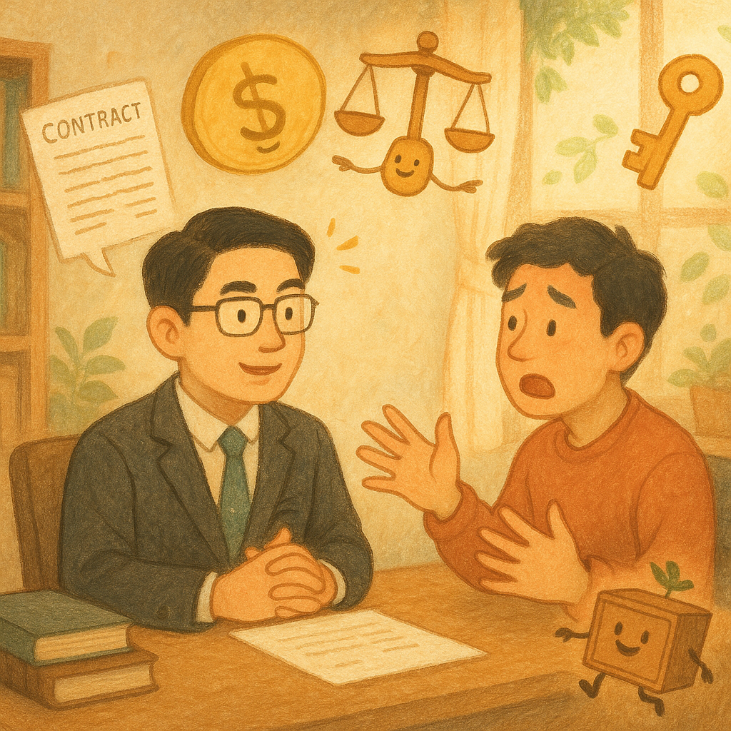 溫暖手繪風的法律諮詢室裡,一位台灣律師與表情豐富的民眾對談;柔和色調與自然光下,象徵侵占罪的金幣與契約化作漂浮圖示,天平、鑰匙與抽屜幻化成精靈,引導情境轉換,紋理與奇幻氛圍兼具寫實與童趣,無文字。