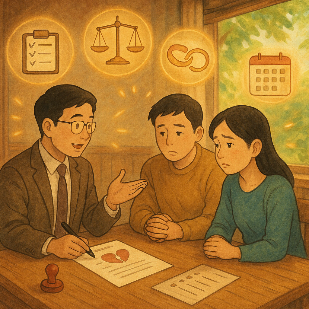 暖色自然光下，台灣人律師與一對台灣人夫妻在木桌前溫和諮詢、表情細膩，手繪質感；離婚文件圖示、章印與清單符號發光環繞，天秤、日曆、分開的戒指漂浮指引流程，窗外綠蔭微風，吉卜力風格、無文字。