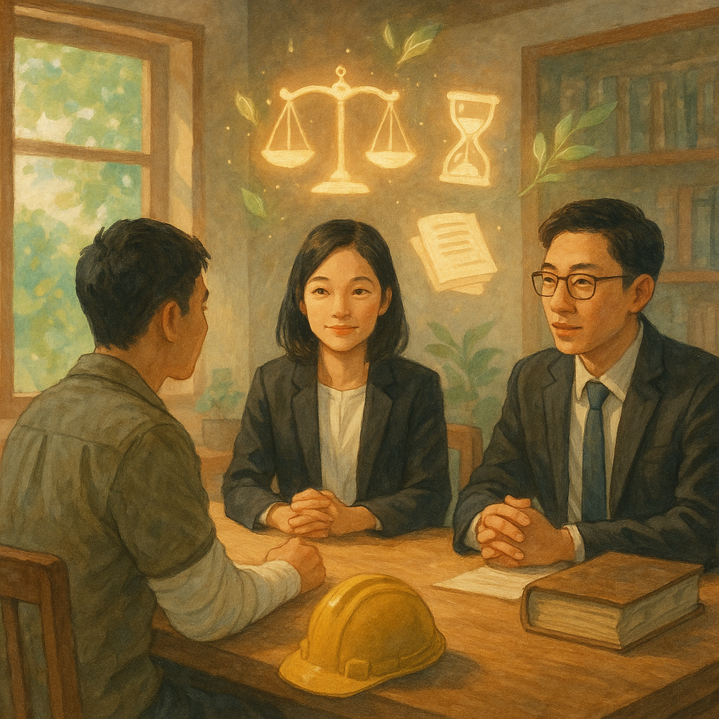 溫暖自然光中，兩位台灣律師與委託人於木質事務所對談，桌邊有繃帶與安全帽暗示過失傷害；空中緩緩浮現天平、沙漏、卷宗與葉片的發光符號，窗外綠意微風；手繪質感、柔色與微魔幻氛圍、電影感，無文字。