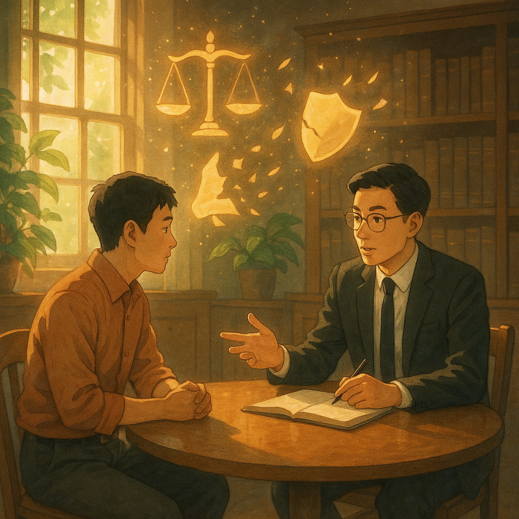 陽光灑入木質律所，兩位台灣人（律師與當事人）於圓桌諮詢，表情專注；柔和筆觸中，天秤、盾牌與破碎喇叭化作漂浮光影，象徵妨害名譽的傷害與保護。綠植與光粒營造吉卜力式溫暖奇幻氛圍與電影感，畫面不含文字。