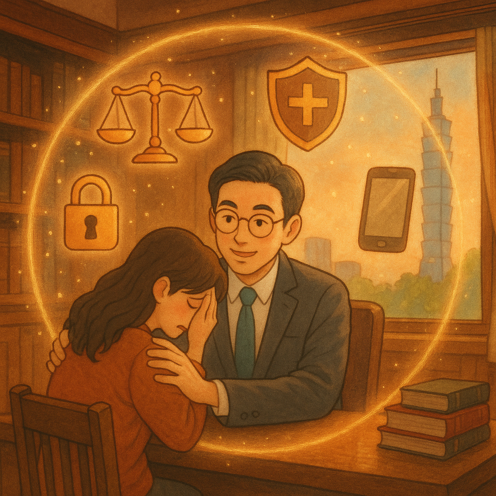 溫暖魔幻的手繪日式動畫風；台灣律師在木質事務所安撫受恐嚇的民眾，窗外隱約台北101。柔光中漂浮天秤、盾牌、鎖與手機剪影，形成保護結界，象徵法律諮詢與常見疑問解答。