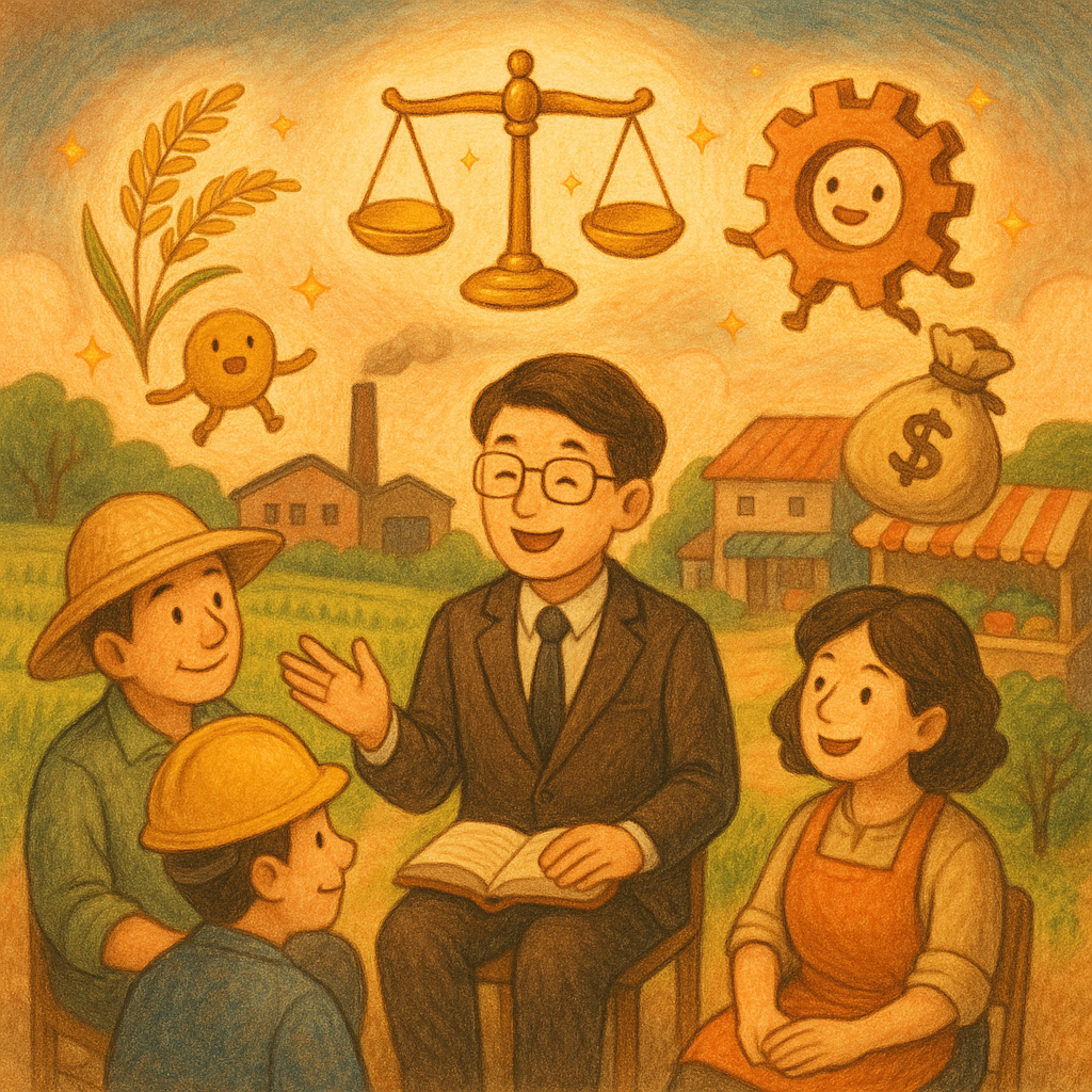 溫暖奇幻手繪風街郊場景，表情豐富的台灣律師與農夫、工人、店家圍坐諮詢；柔光下，漂浮的天平、稻穗、齒輪與錢袋化作精靈，環抱田地、工廠與市集，象徵妨害農工商的疑難與解方，具故事感與高解析度質感、無文字。