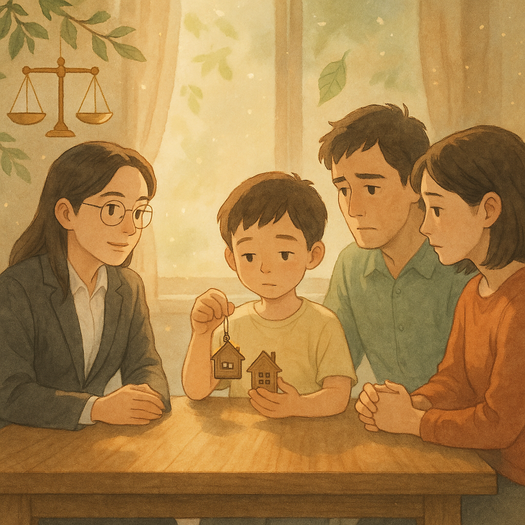 柔和色調、溫柔手繪動畫風，帶電影感；台灣律師與父母在陽光灑落的木桌旁諮詢，表情細膩；孩童握著兩家形吊飾，天秤與護身樹葉輕飄，漫浮微光，象徵監護權與平衡；畫面無文字。