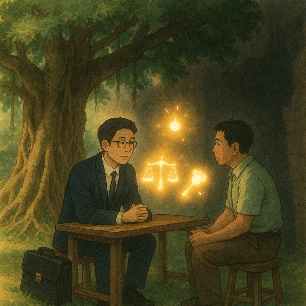 柔光吉卜力風插畫:台灣人律師與當事人在榕樹下諮商,天秤與法槌化作發光精靈,陰影高牆象徵權勢壓迫;手繪質感、溫暖奇幻、電影感、無文字。