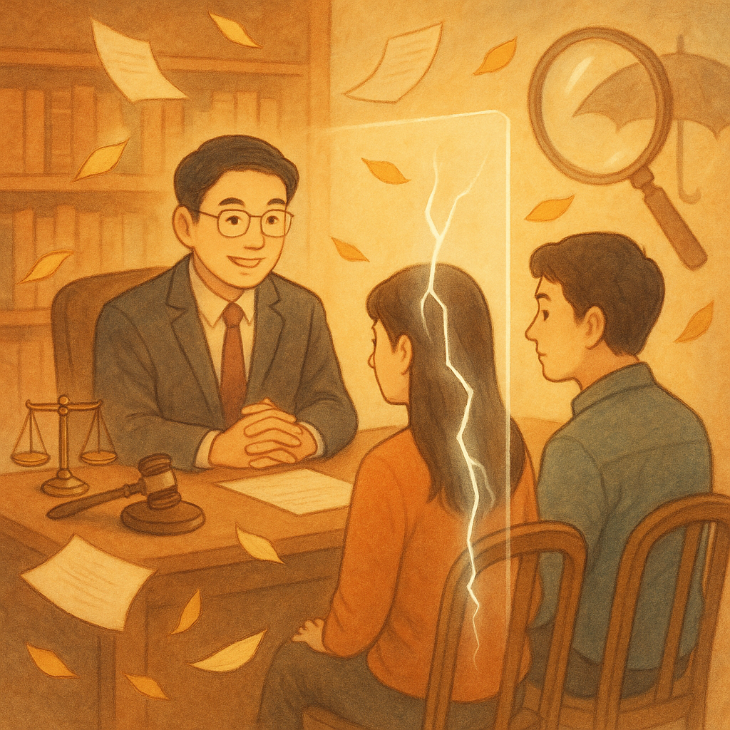 暖色木質事務所裡，台灣律師與一對台灣夫妻圍坐，檔案化作飄舞葉片，天平、放大鏡與雨傘光影環繞；透明屏障輕拂兩人間裂紋，寓示侵害配偶權的案例研析與風險控管，吉卜力般柔光手繪質感，無文字。