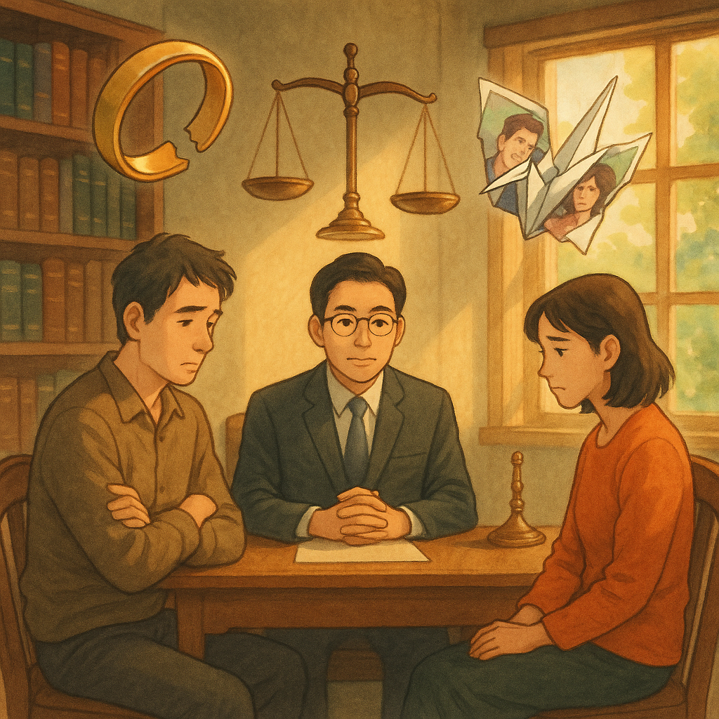 木質律師事務所裡，台灣律師與一對神情複雜的當事人對坐；柔和自然光灑入，天平微光旋轉，裂成兩半的戒指與撕裂合照化作紙鶴在空中飄浮，吉卜力般溫暖奇幻手繪質感，畫面無文字。