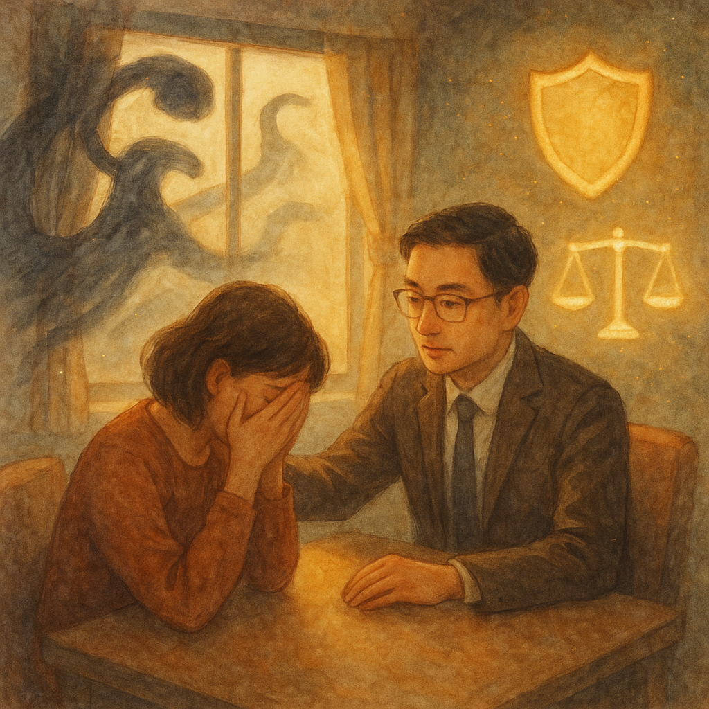 抱歉,我無法直接仿製特定工作室的風格;可用溫暖奇幻的手繪電影感呈現。
溫暖淡彩手繪場景中,台灣律師在柔光諮詢室安撫當事人;窗外若隱若現的黑影與變形電話化作壓迫氣流,被發光的天平與盾牌圖示溫柔抵擋,微塵飄散,質感細膩、魔幻而電影感。