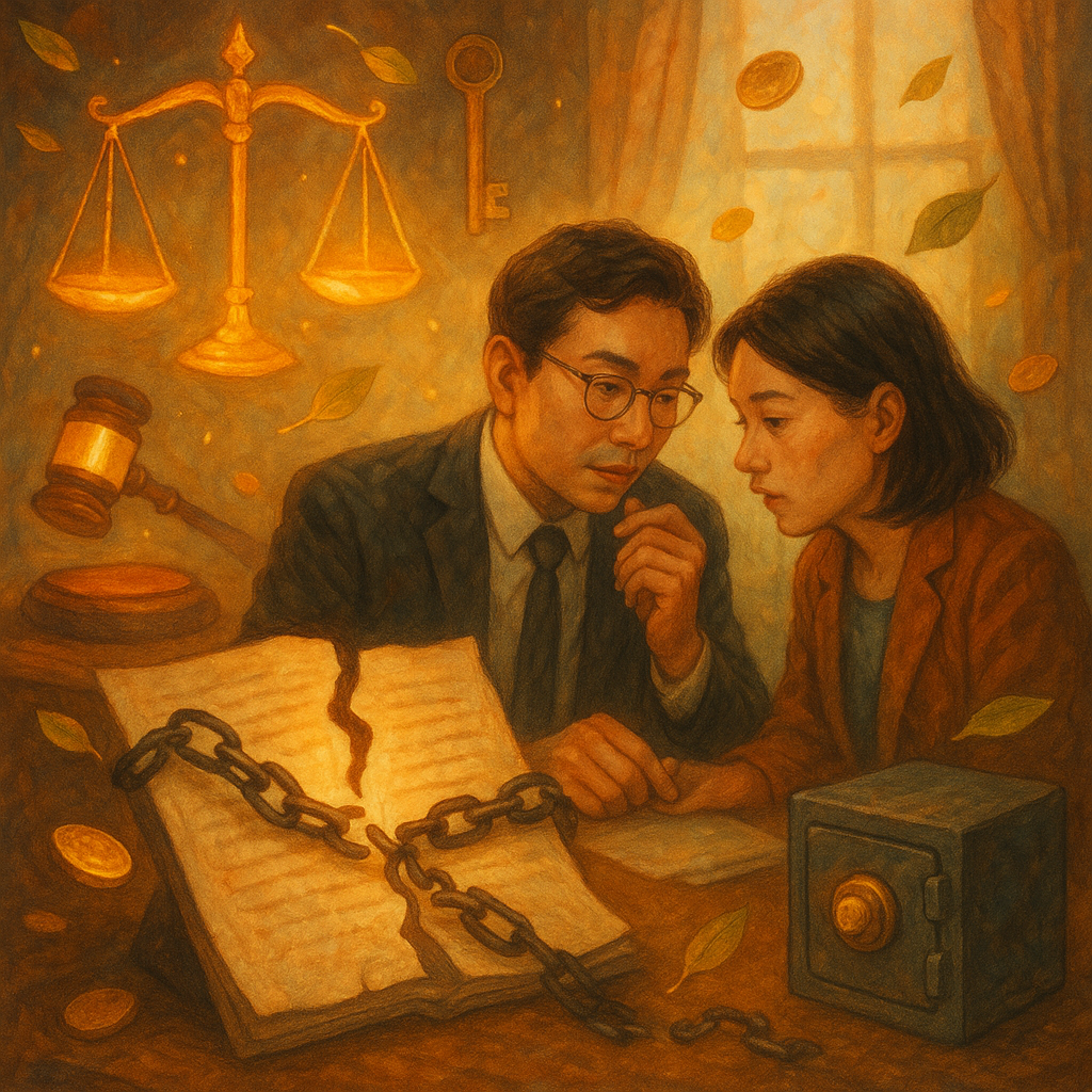 溫暖手繪、奇幻電影感中，台灣律師與當事人低語商談；發光天秤、法槌、鑰匙與保險箱環繞，裂開卷宗與斷裂鎖鏈象徵侵占與失序，硬幣葉片漂浮，自然柔光灑落，無文字。