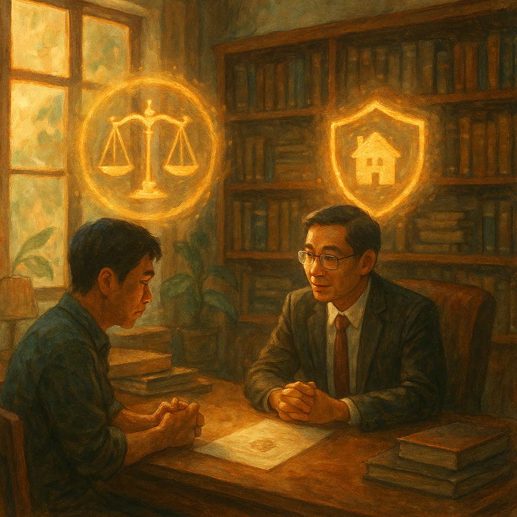 溫暖自然光與電影感構圖灑入木質事務所，台灣律師與當事人低聲相談；發光的天秤與盾牌圖騰在空中輕漂，映出魔幻氣息，化作守護光圈包覆保護令文件與小屋；柔和手繪筆觸、細節豐富，無文字。