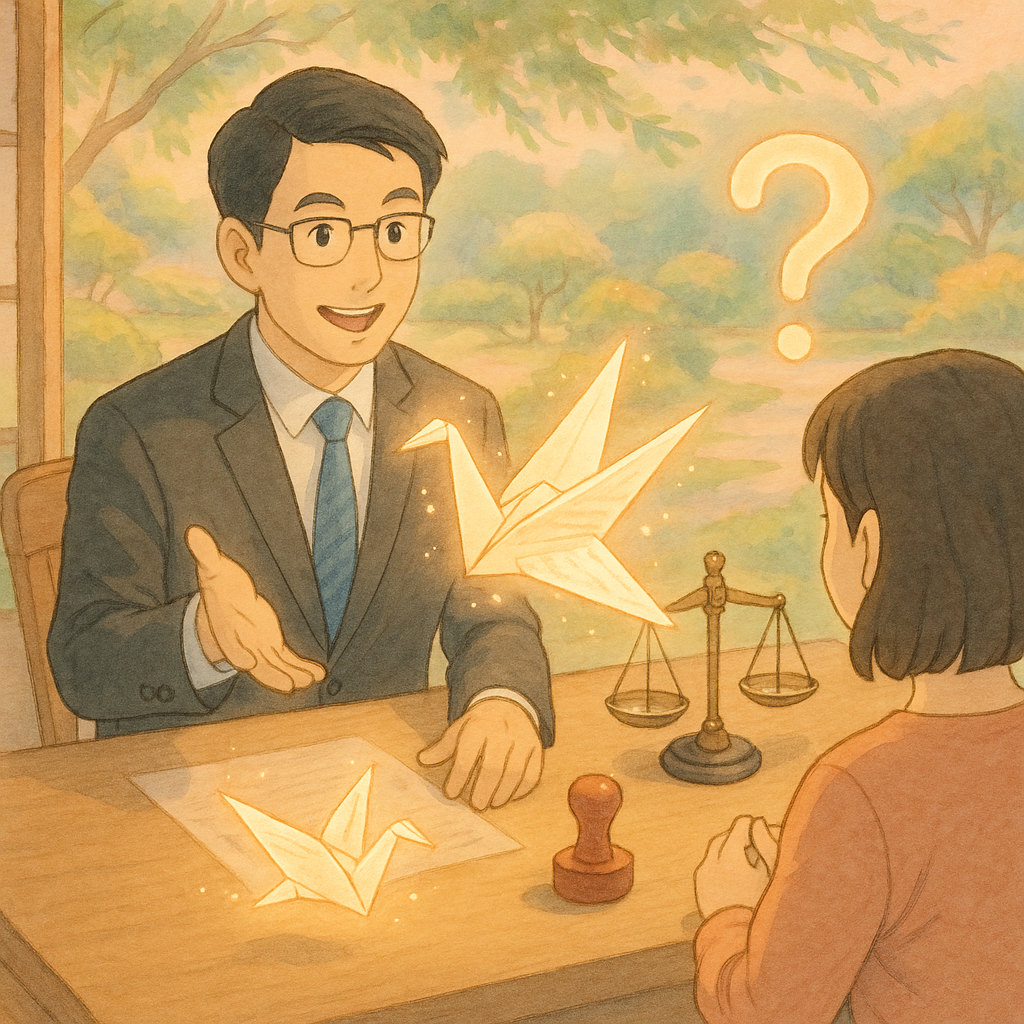 溫暖自然光下,台灣律師於木桌諮詢民眾,手邊票據化作發光紙鶴與印章、天秤、柔光問號漂浮,日式庭園微風拂動,柔和粉彩與吉卜力般手繪質感營造奇幻卻專業的法律氛圍,畫面無文字。