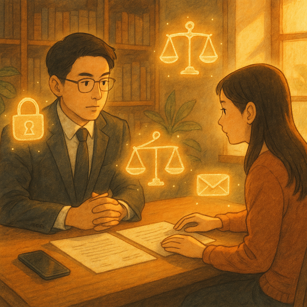 暖金色自然光下，台灣律師與當事人於木質事務所對坐，表情專注。周遭漂浮手繪鎖、天平與信封符號，像精靈般發光，守護手機與文件；柔和色調與手感筆觸營造吉卜力式奇幻，無文字。