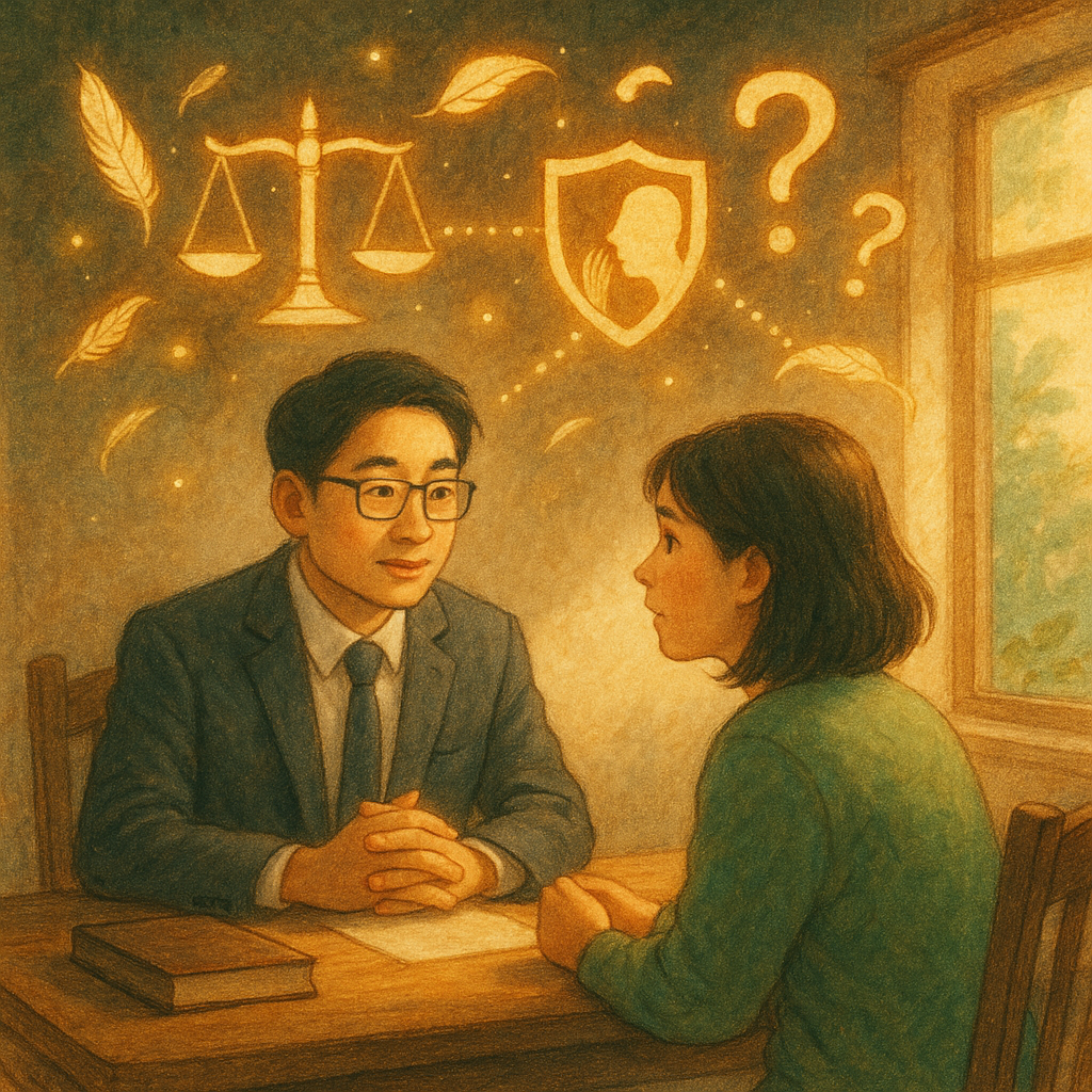 溫暖自然光下，台灣人律師與民眾在木桌旁諮詢；吉卜力式手繪紋理的天秤、盾牌、耳語般的暗影與飄散的羽毛環繞，化作漂浮光點組成的提問分支，象徵毀謗與常見問題意象。柔和色彩、魔幻寫實、無文字。