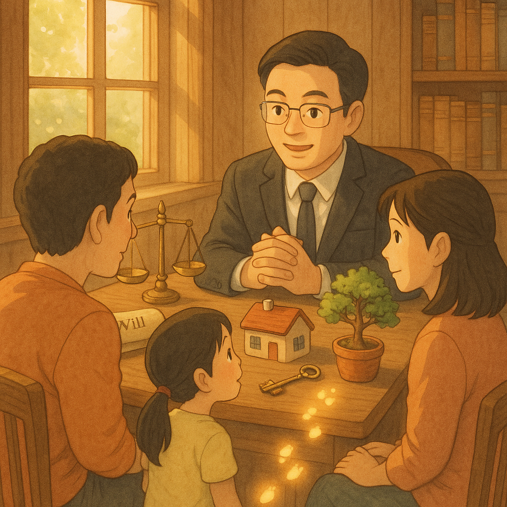 高解析度、吉卜力風插畫：陽光灑入木質事務所，台灣人律師與家庭溫暖諮詢、表情真摯；桌上遺囑卷軸、天秤、家屋與鑰匙、家族樹小盆景環繞，發光足跡指向前路，手繪質感、柔色童話感，無文字。