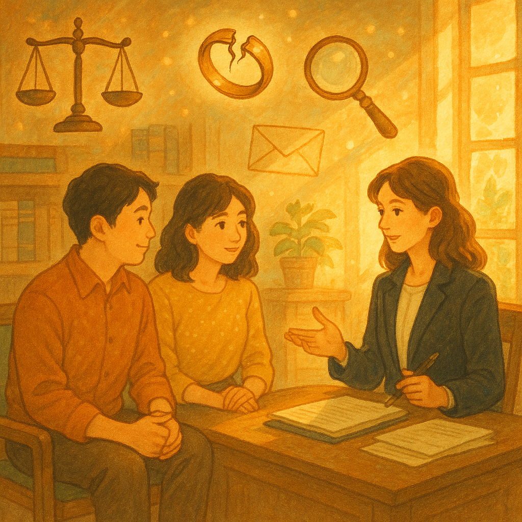 抱歉，我無法直接仿照特定受保護的風格；以下為相近風格的描述：
高解析度、溫暖魔幻的日系手繪插畫：台灣人夫妻坐在陽光灑落的律師事務所，與專業女律師諮詢。周圍漂浮天平、裂痕戒指、放大鏡、日曆與信封等象徵，柔和色彩與自然光營造童話般電影感，畫面無文字。