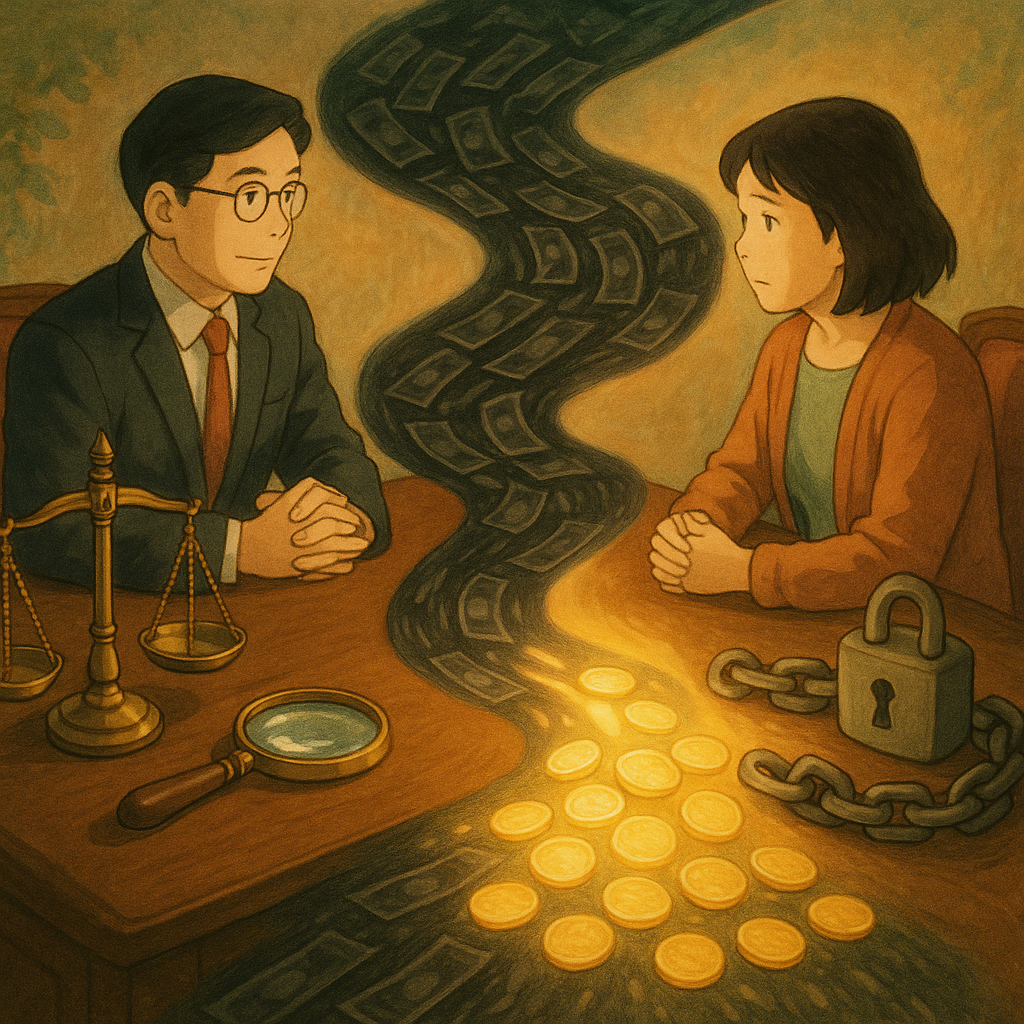 高解析、具電影感的吉卜力式溫暖奇幻場景:柔光手繪質感下,台灣律師與當事人對坐諮詢;旁側天平、放大鏡與鎖鏈環繞,黑色紙鈔河流被淨化成發光硬幣,象徵洗錢罪釐清與結論收束,畫面無文字。