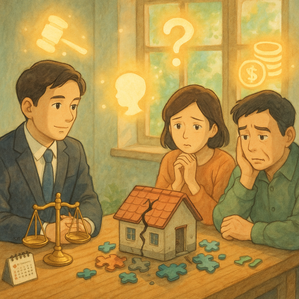 高解析度、溫柔手繪的吉卜力風場景:台灣律師與憂心父母坐於木桌諮詢,陽光灑入、色調柔和。桌上天平、日曆與拼圖碎片環繞破裂小屋模型;周圍漂浮發光圖示象徵常見問題,氛圍溫暖魔幻、無文字。