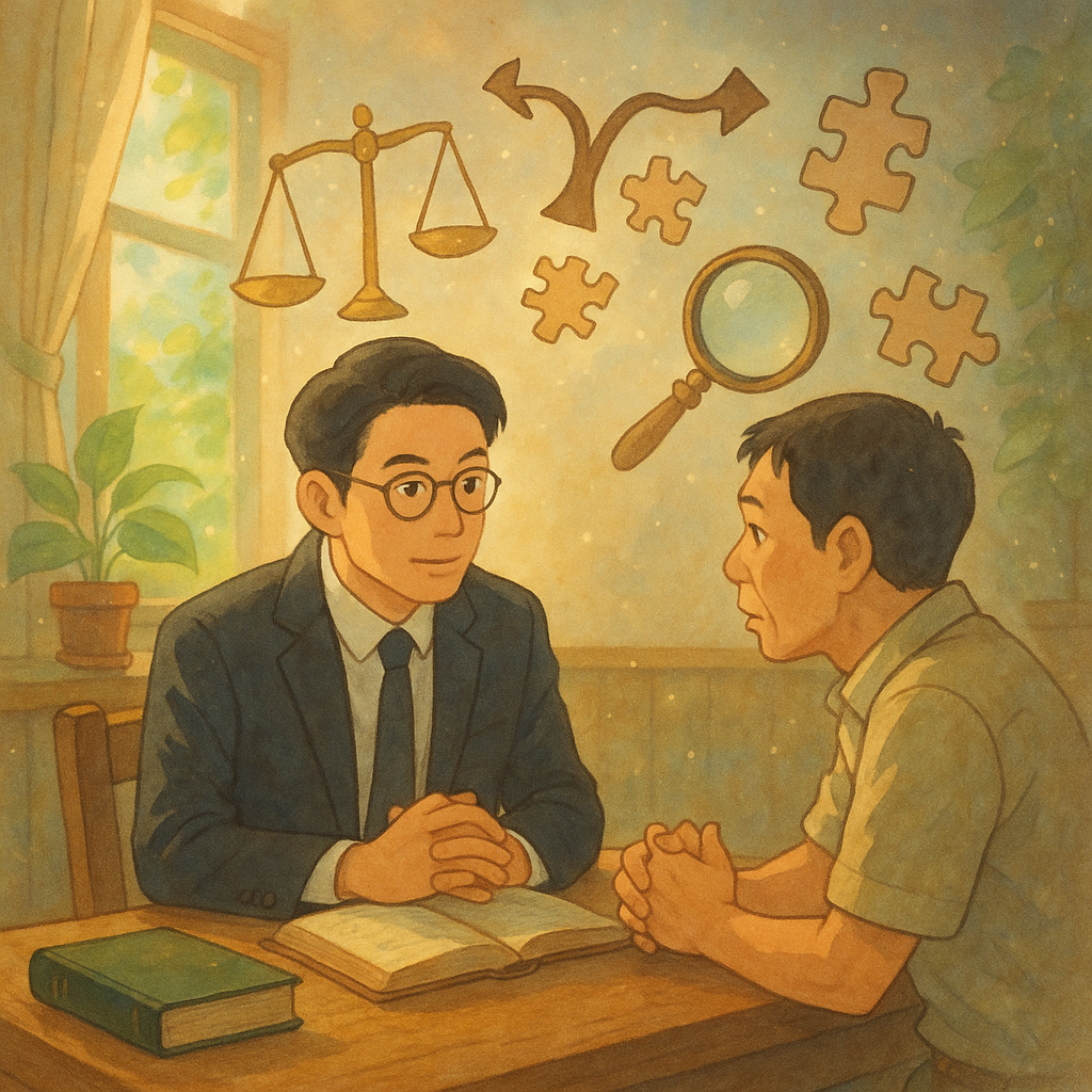 吉卜力風柔和色調、自然光灑落,台灣律師與民眾在木桌邊諮詢,表情細膩。天秤、放大鏡、分岔小徑與拼圖碎片在空中緩緩環繞,象徵幫助犯的定義與責任;手繪質感,溫暖魔幻、電影感,無文字,窗邊綠植與微塵飄浮。