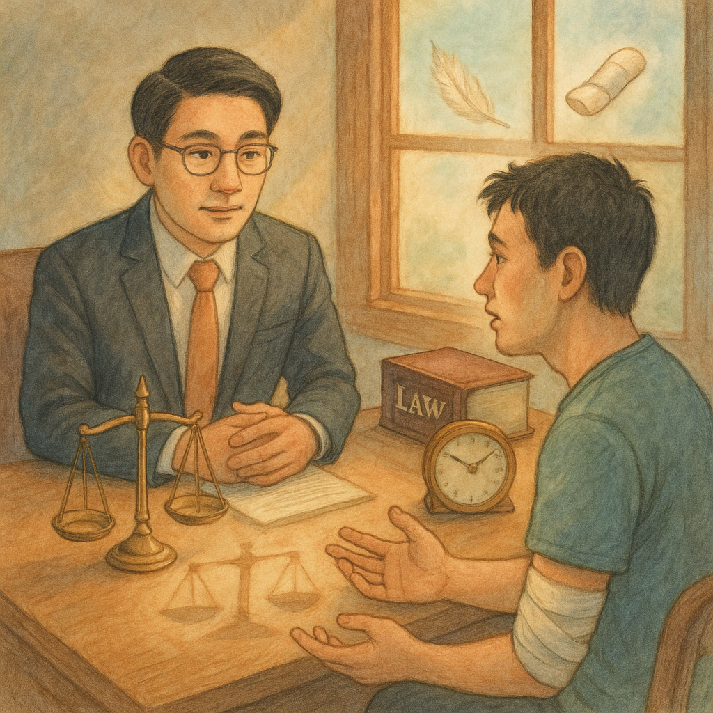 抱歉,我無法直接以特定工作室的風格創作;以下提供具相似氣質的原創圖像描述:
溫暖自然光下,台灣人律師與當事人於木質事務所對談,桌上映出天平、法典與時鐘的柔光圖像,窗外飄過象徵意外的羽毛與繃帶,手繪質感、柔色奇幻寫實氛圍,突顯過失傷害與實務諮詢主題,畫面無文字。