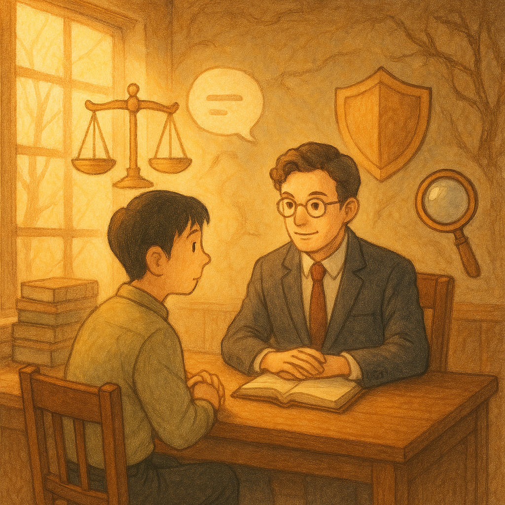 溫柔日光灑入木質事務所，台灣上班族與律師對坐諮詢；周圍漂浮天秤、盾牌、放大鏡與耳語氣泡，遠處朦朧陰影化為枯藤；細膩手繪質感、吉卜力式暖色與奇幻氛圍，無文字。