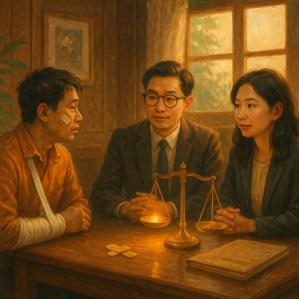 溫暖奇幻、電影感的手繪風,高解析。柔和自然光灑入木質事務所,兩位台灣人律師與受傷民眾諮詢;桌上發光的天秤、創可貼與檔案象徵過失傷害與和解。細膩筆觸、植栽微風,無任何文字。