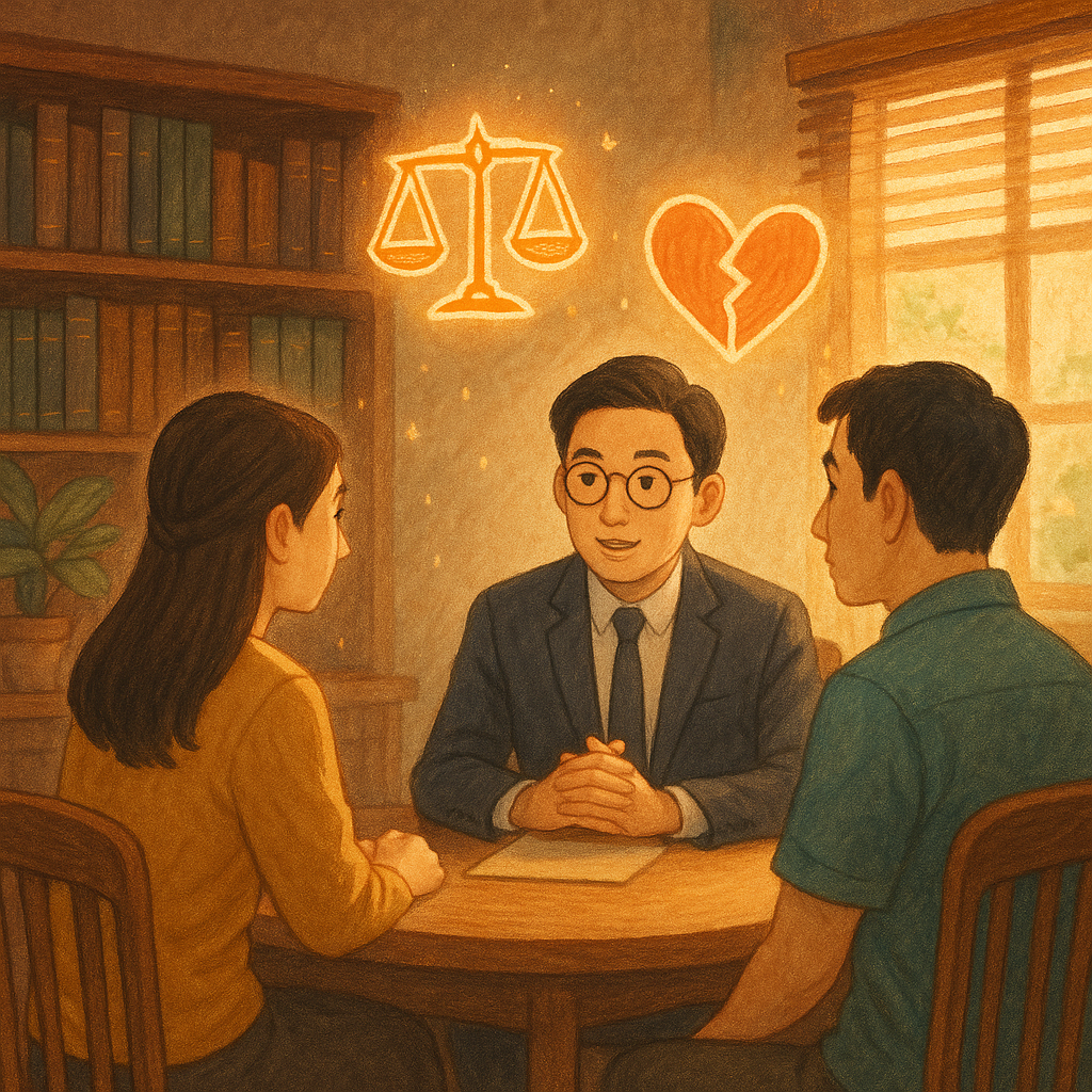 暖色自然光灑入的律師事務所內,三位台灣人(專業律師與一對諮詢者)圍桌交流;空氣中漂浮手繪符號—天秤、斷裂愛心、法槌—如精靈閃爍。柔和色彩與木質紋理、手繪筆觸營造吉卜力式奇幻與溫度,氛圍沉靜專業,畫面無文字。