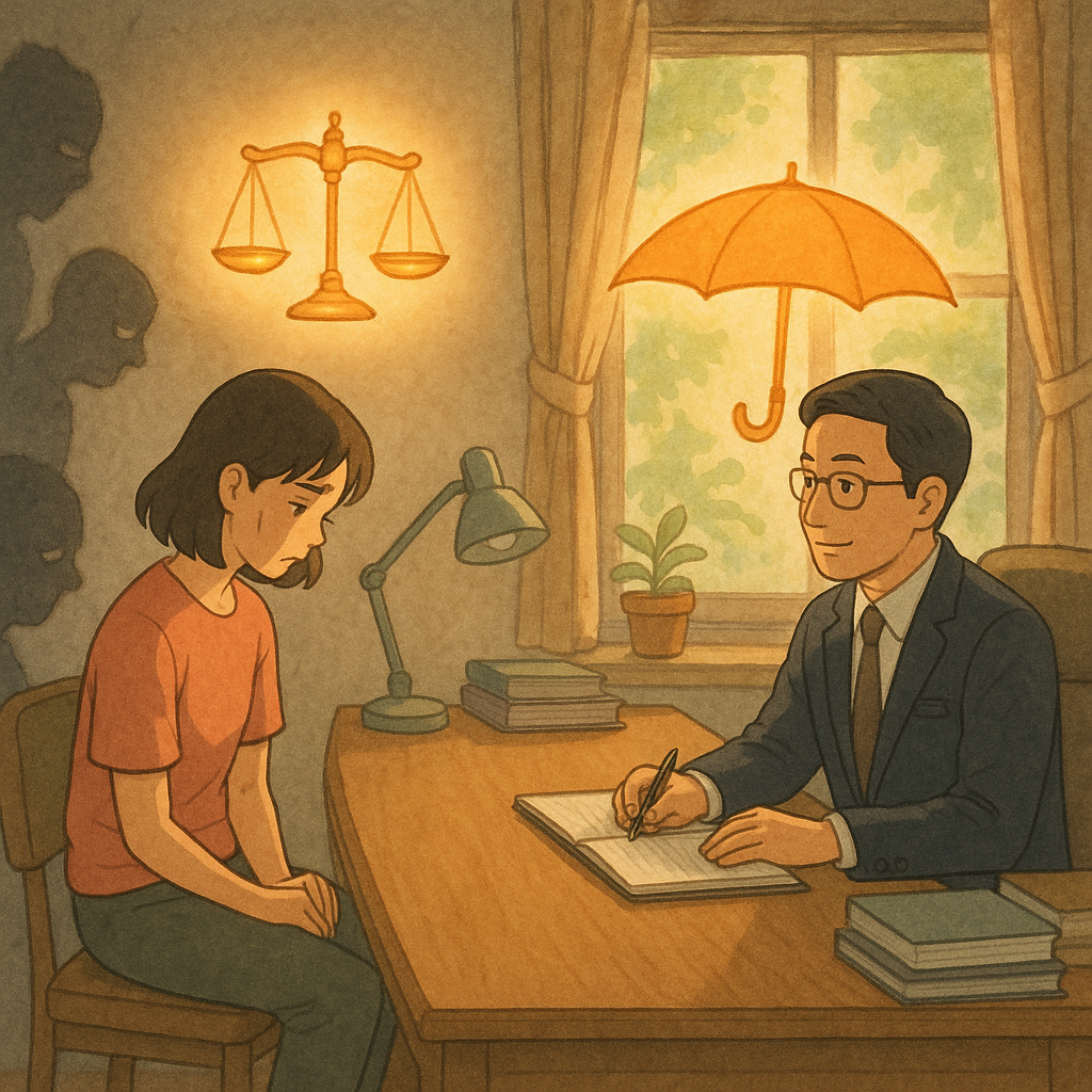 柔和自然光下，吉卜力般的臺灣辦公室：台灣員工受職場霸凌，與台灣律師面談；天秤與保護傘化作暖光漂浮，陰影流言退散，手繪質感、無文字。