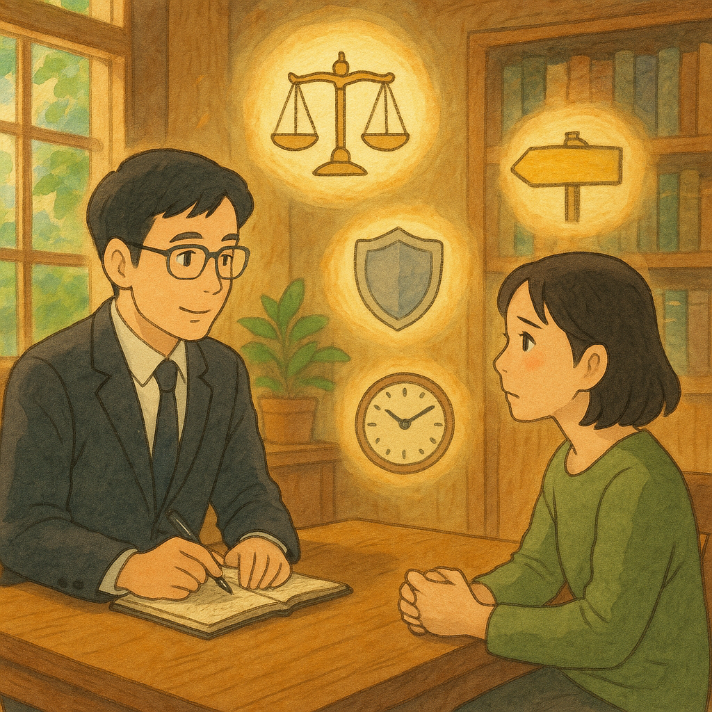 吉卜力風格插畫：溫暖自然光下，兩位台灣人（律師與當事人）在木質空間諮詢，表情細膩；周圍漂浮象徵性騷擾議題與求助流程的圖示，如天秤、盾牌、路標、時鐘與光暈，柔和色彩、手繪質感，無文字。