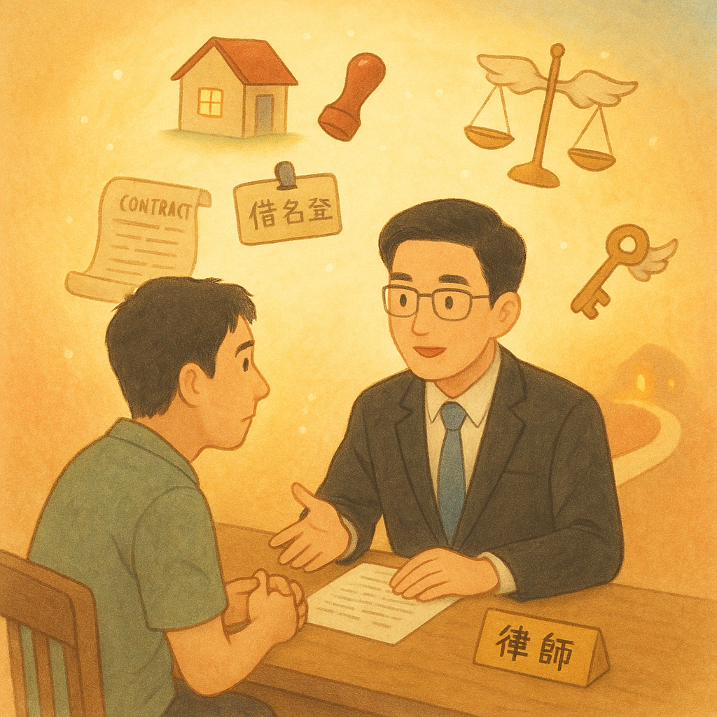 溫暖手繪動畫感,柔和色調與自然光的場景:台灣律師與民眾在木桌諮詢,表情專注,光暈中漂浮房屋、印章、身分牌相疊與契約卷軸;天秤與鑰匙化作精靈指引,紙橋通往亮起的家,象徵借名登記結論與建議。