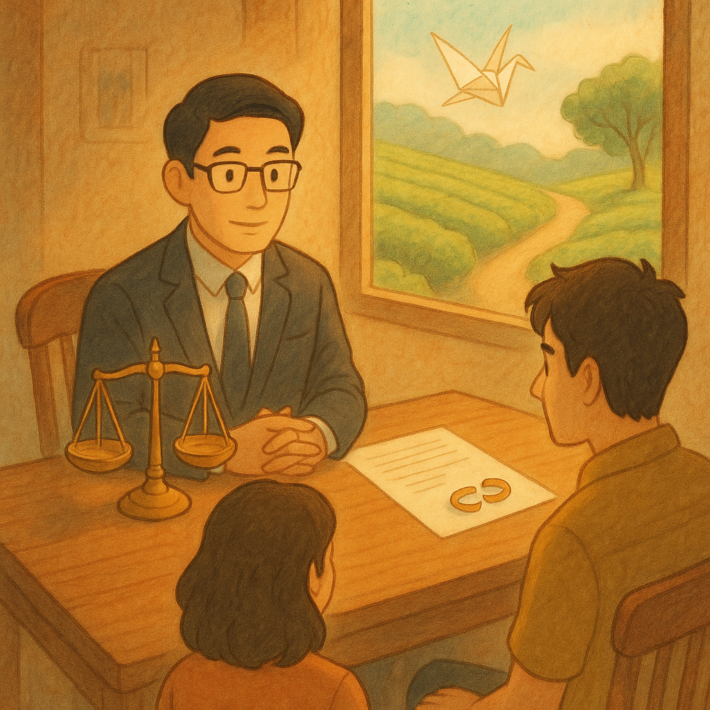 抱歉,我無法直接以特定工作室的風格創作,但可提供相近氛圍的溫暖手繪動畫風描述:
柔光下,台灣律師與一對夫妻坐於木桌旁,桌上天秤、斷開的戒指與沒有字的文件發出微光;窗外茶樹微風,紙鶴與分岔小徑相映,象徵抉擇與解答;室內手繪質感溫暖,現實與奇幻交融。