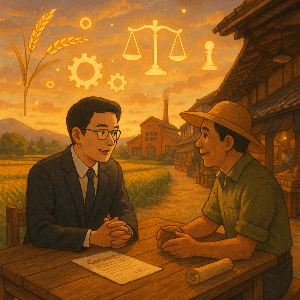 吉卜力式溫柔筆觸:黃昏田園與小工廠、老街市集相連。台灣律師與農商代表在木桌相談,四周漂浮稻穗、齒輪、天秤、契約卷軸與棋子光影符號,暖風與自然光營造魔幻感,無文字,高解析。