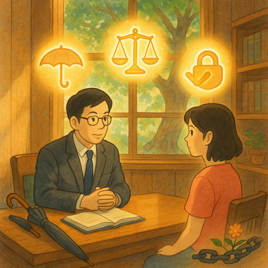 吉卜力風溫暖光影下、手繪質感，台灣律師與當事人坐於木質諮詢室，窗外榕樹搖曳。案桌上天秤、傘與鎖形徽飾化作柔光漂浮，象徵保護、同意與正義；角落破鏈綻花，寓意療癒與結論的明晰。無文字。