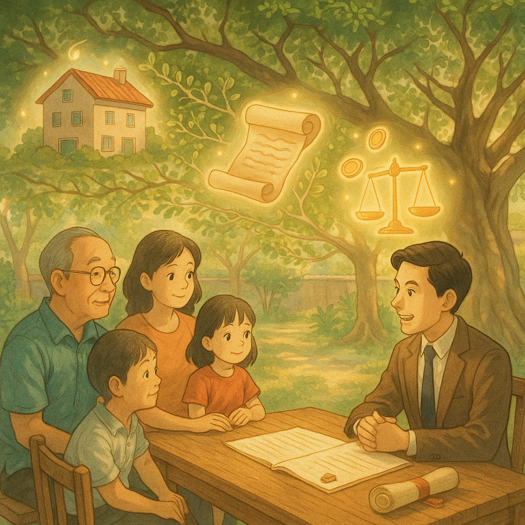 吉卜力風格高解析插畫：溫暖日光下，台灣律師與家族於木桌諮詢；手繪質感中，漂浮的房屋、遺囑卷軸、金幣與天平化作柔光圖像，宛若精靈環繞；庭院榕樹枝葉延展成家譜意象，現實與奇幻平衡，情感細膩無字。