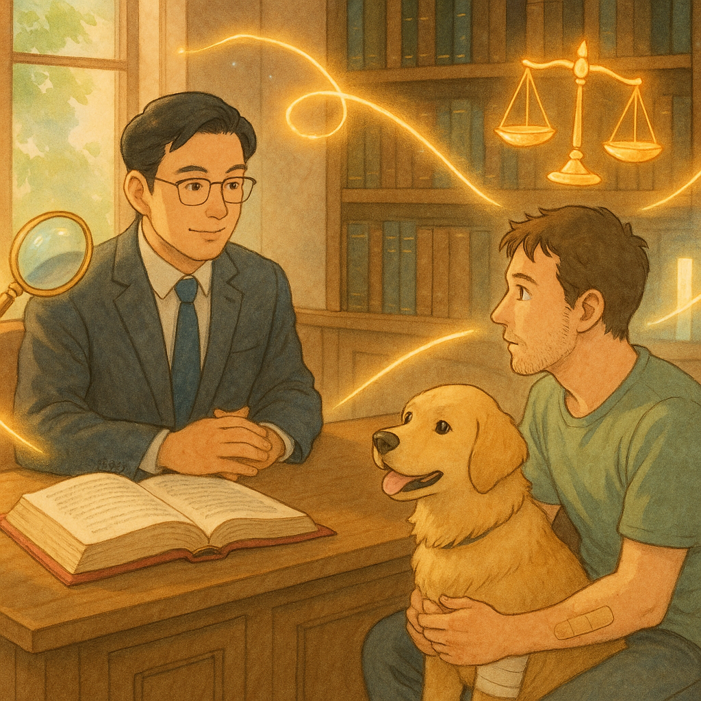 柔和色調與自然光中,台灣律師與飼主於木質事務所諮詢,飼主手腕貼著創可貼;可愛狗狗纏繃帶旁候,卷宗、天平與放大鏡化為漂浮光影,兩條發光路徑象徵策略比較與求償;高解析度、吉卜力式手繪、魔幻寫實、無文字。