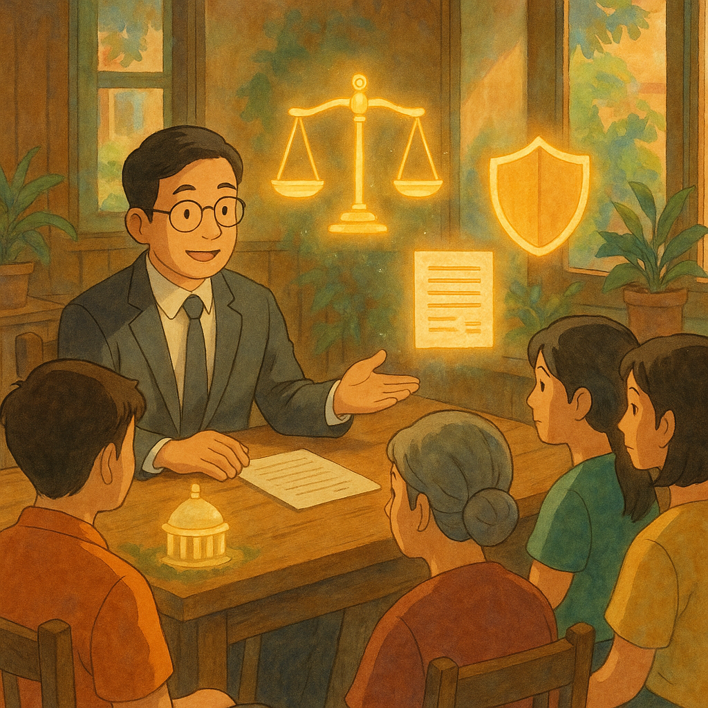 溫暖奇幻的吉卜力風格場景：台灣人律師在木桌前溫柔解說，台灣民眾圍坐傾聽。桌上漂浮發光的天平、法院建築、盾牌與文件圖像，象徵國賠與常見問題。柔和色調與自然光、手繪質感，細節豐富，電影感景深，無文字。