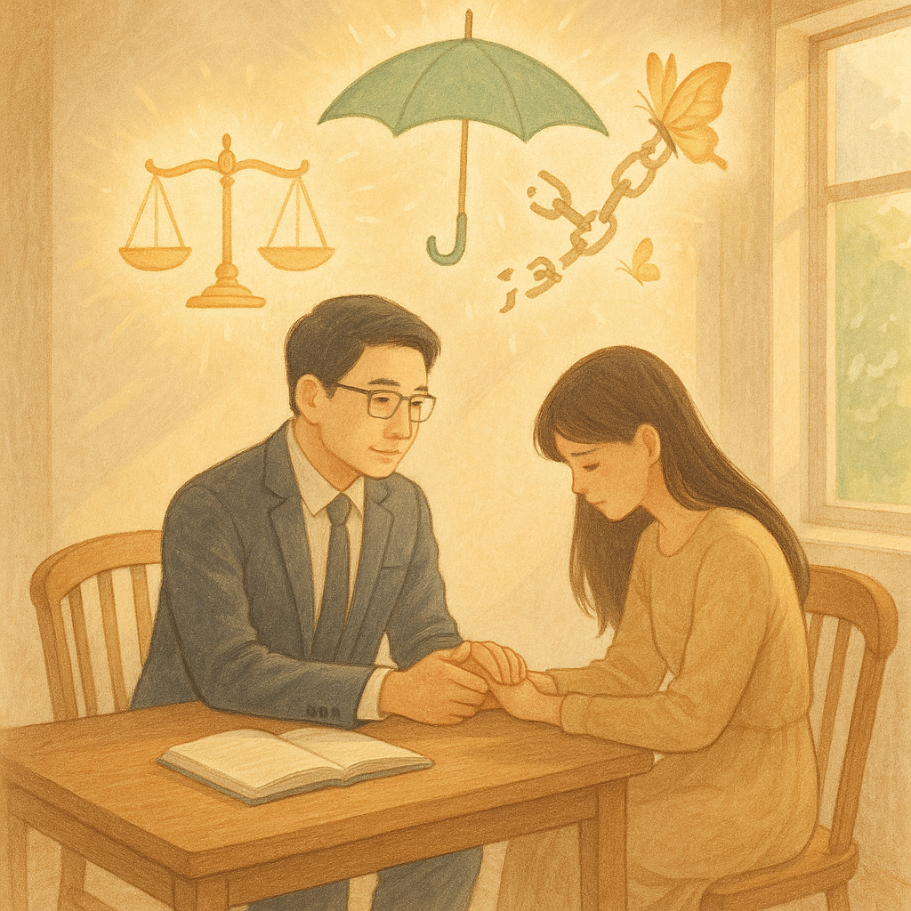 淡色調與溫柔自然光下，台灣律師與受暴者在溫暖諮詢室對坐；手繪質感中，發光的天秤、守護傘與斷裂鎖鏈化蝶飄起，窗外陰影遠退，寓示法律庇護與重獲安全。