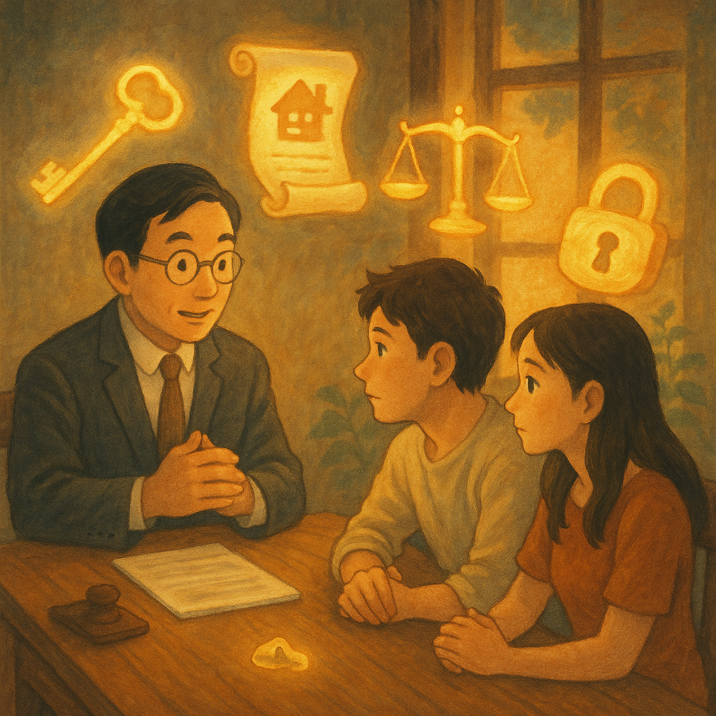吉卜力風格高解析插畫:黃昏自然光下,台灣人律師與年輕夫妻在木桌諮詢,桌旁漂浮發光的鑰匙、房屋卷軸、天秤與鎖,化作精靈環繞;溫暖手繪筆觸、柔色與電影感構圖營造奇幻卻專業的法律場景,畫面無文字。