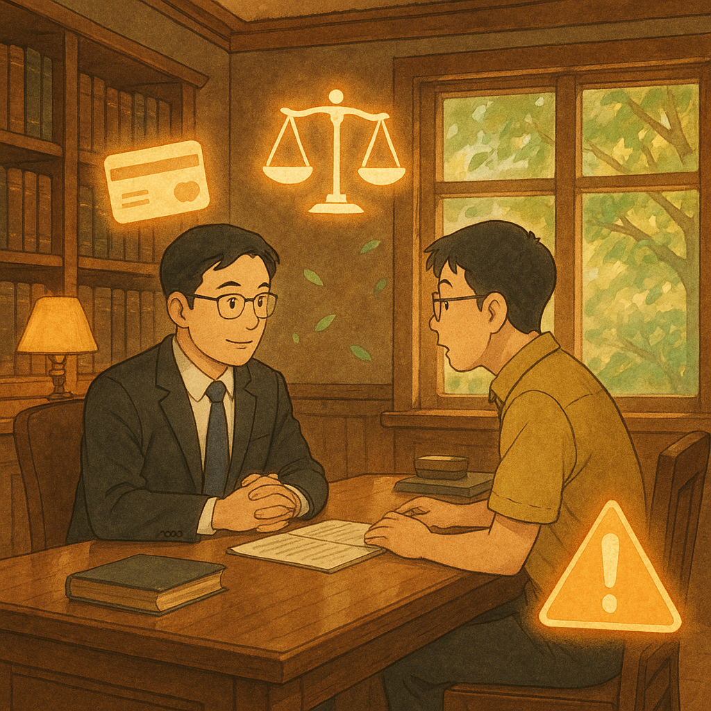 吉卜力風格的溫暖場景:木質律所裡,兩位台灣專業人士對坐諮詢;桌上漂浮銀行卡、盾牌、天秤與放大鏡等符號,旁有柔光的警示三角,窗外微風與綠意流動,手繪質感細膩,寓真帶幻,呼應警示帳戶的常見問題意象。