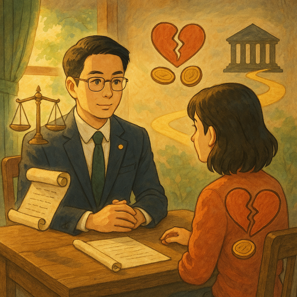 溫暖柔光下,台灣律師與當事人對坐商談;周圍漂浮手繪天平、合約卷軸、裂痕愛心與銅幣、法院剪影與指向前方的金色步道,象徵告第三者求償與行動呼籲;吉卜力風格的自然色調與細膩質感,現實與奇幻交織,無文字。