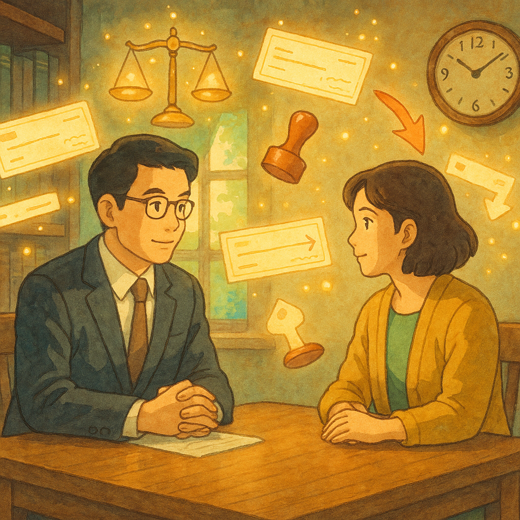 吉卜力風手繪場景，柔和色彩與自然光：台灣律師與當事人在木桌前諮詢，表情專業而溫暖。周圍漂浮發光的支票、背書箭頭、印章、天平與時鐘，象徵票據法案件與實務裁判，溫暖魔幻、細節豐富，無文字。