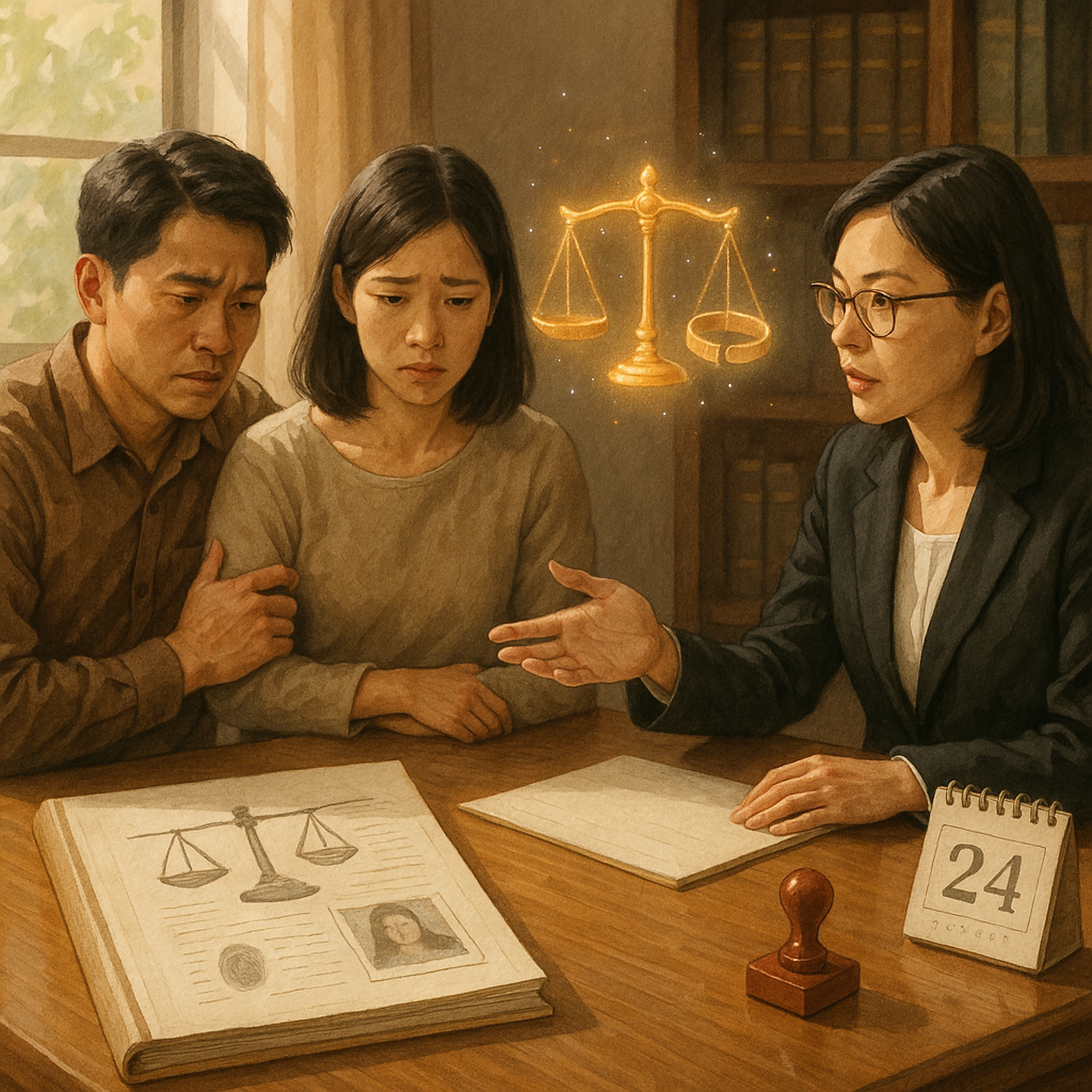 溫暖自然光下的台灣律師事務所內，一對神情複雜的台灣夫妻與專業女律師諮詢；桌上手繪質感的卷宗、指紋與相片、無字清單、印章與日曆，旁邊奇幻微光漂浮的天秤與微裂婚戒，象徵侵害配偶權與實務流程。