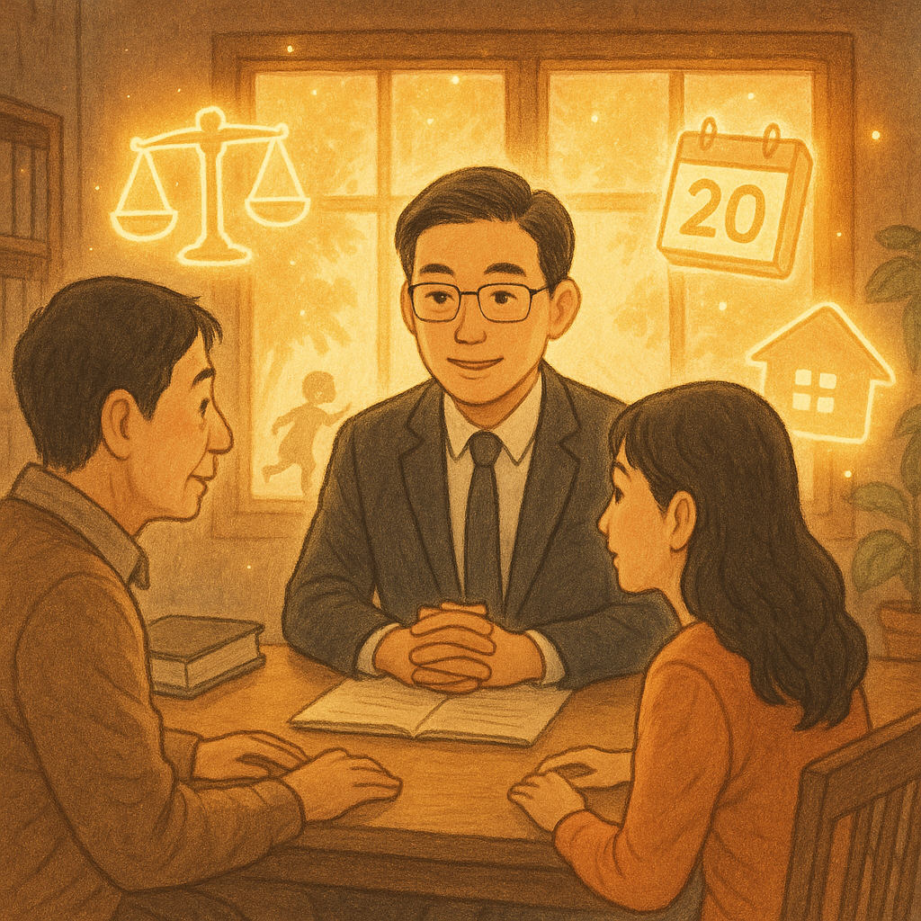 溫暖午後的木質事務所裡，一位台灣律師以溫和神情為一對台灣父母諮詢撫養費。窗邊孩童剪影嬉戲，空中漂浮天平、存錢罐、日曆與小屋等發光圖像，像精靈般環繞，柔光與手繪紋理營造吉卜力式奇幻與安心感。