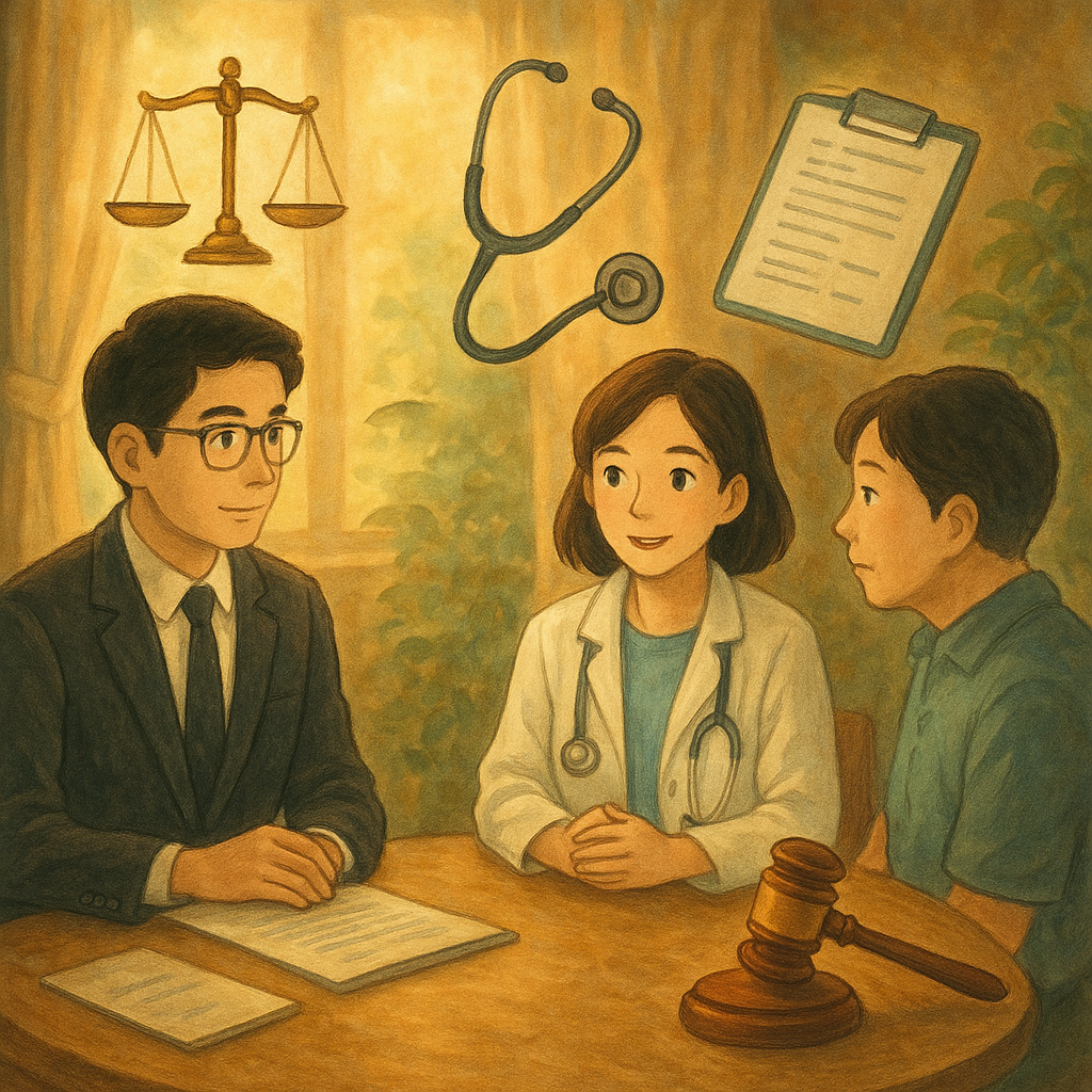 溫暖魔幻的吉卜力風插畫:台灣人律師與醫師在柔光下與家屬圍桌就醫療糾紛諮詢,桌上漂浮天平、聽診器、病歷與法槌等圖示,手繪質感、電影感,寫實兼奇幻,畫面無文字。